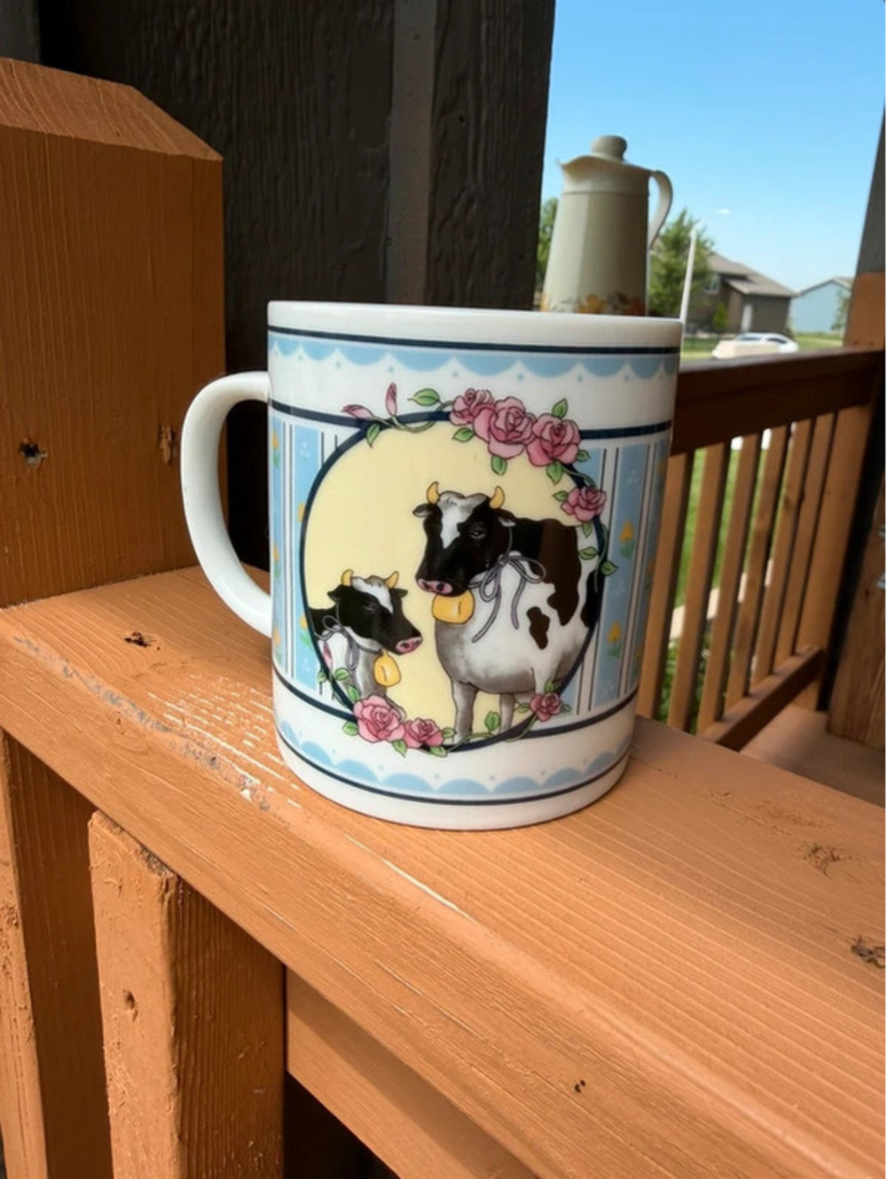 Vintage Rosie Cow Calf Coffee Mug Pink Roses Blue Trim Farmhouse Country Cup